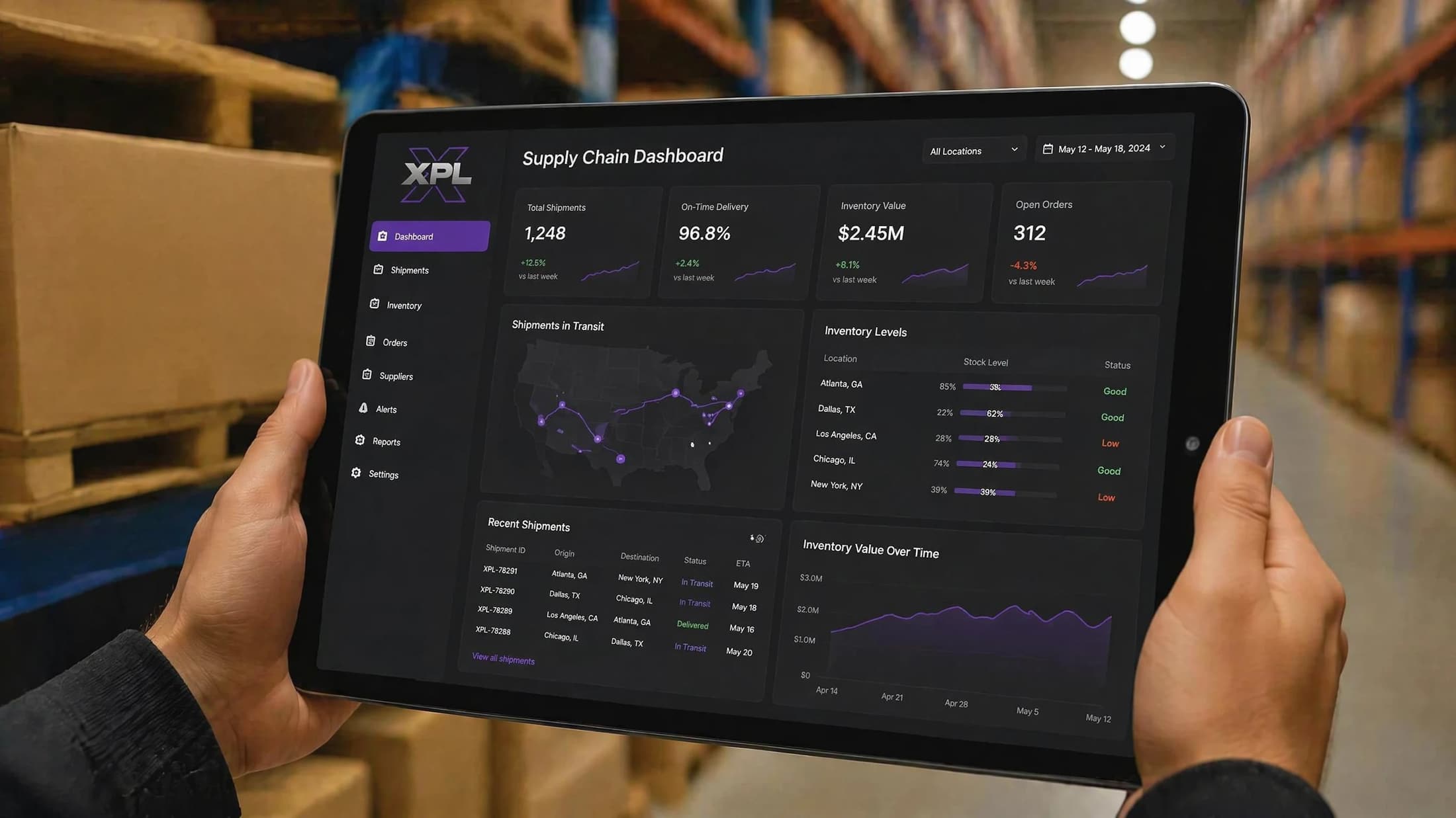 Warehouse worker viewing the Future Goods supply chain dashboard on a tablet