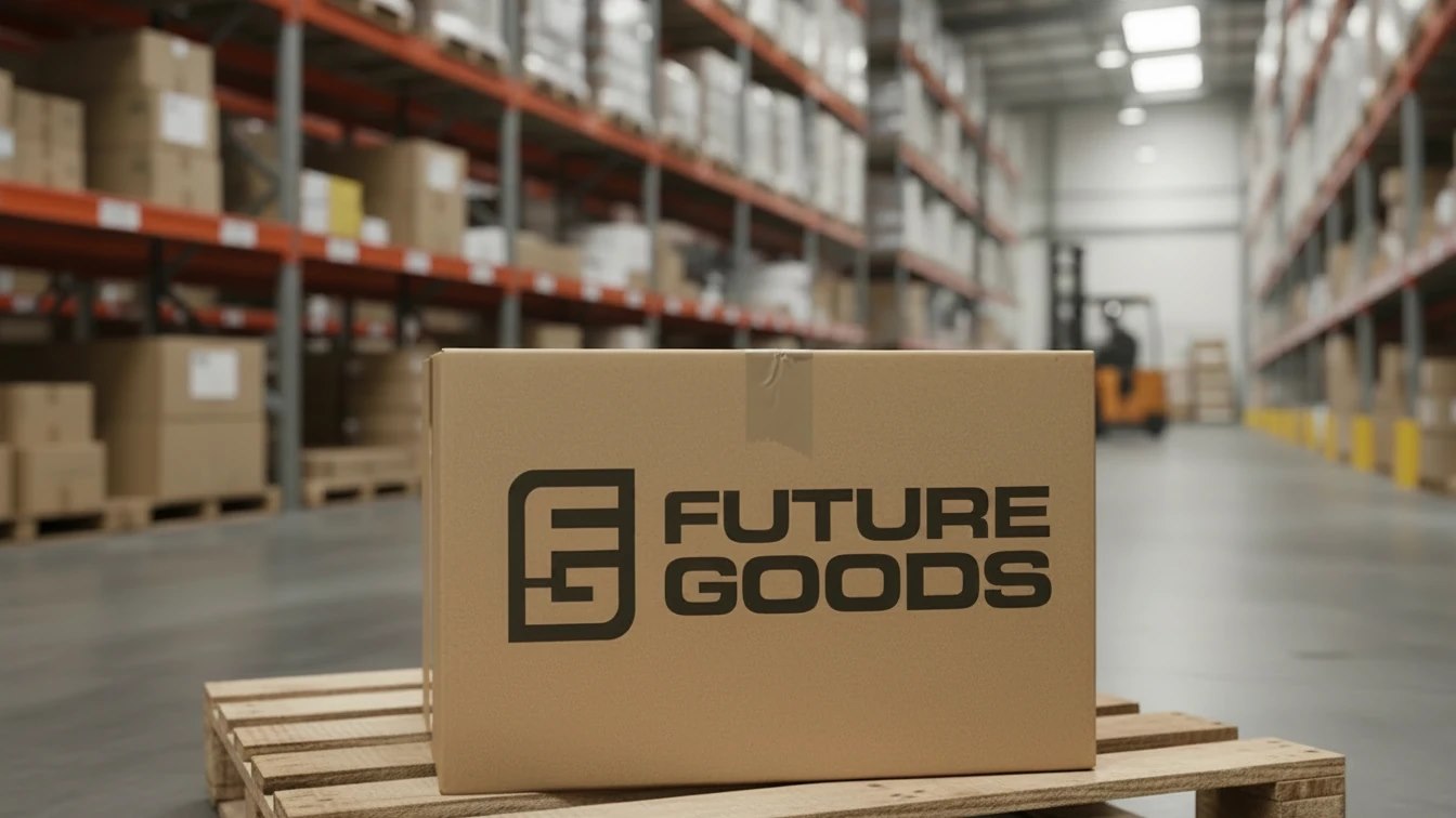Future Goods branded case on a pallet in a distribution warehouse